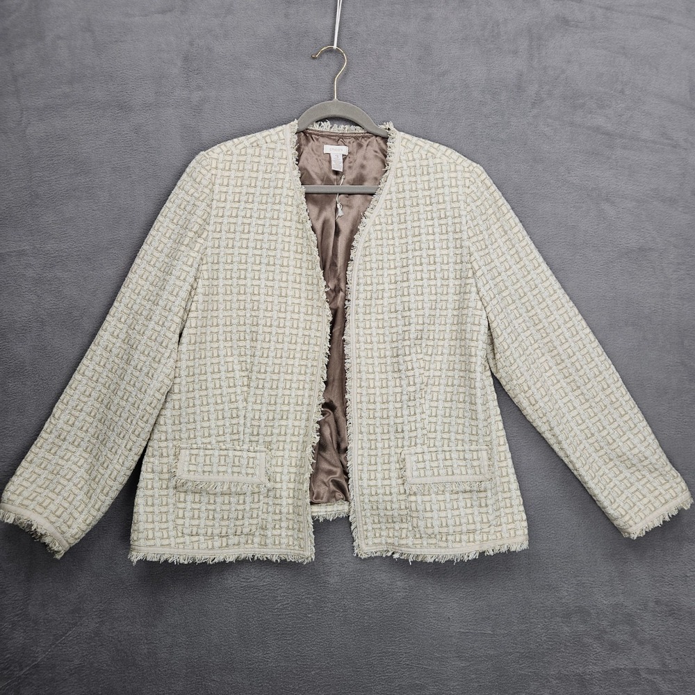 Chicos Cream Gold Metallic Tweed Fringe Open Front Blazer Jacket Size 3